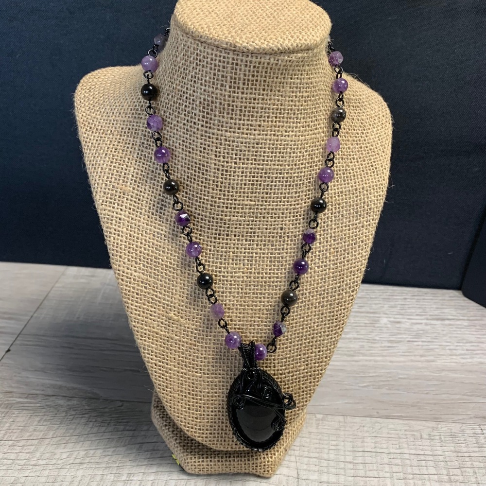Amethyst Beaded Wire Wrapped Pendant Necklace Black Gothic Statement 18 Inch